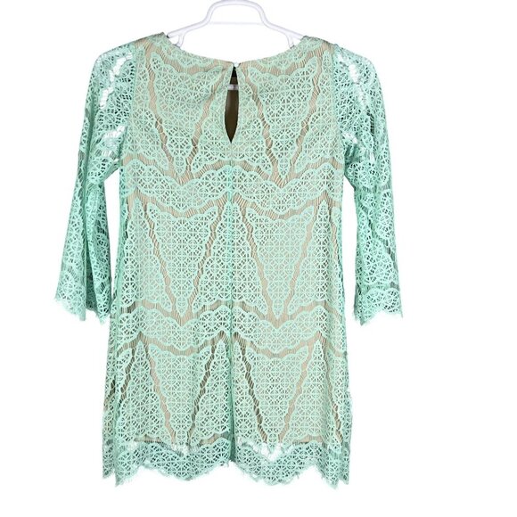 Maia Women 4 Kelly Green Dress Lace Overlay 3/4 Sleeve Nude Lining Scalloped Hem - Picture 10 of 16